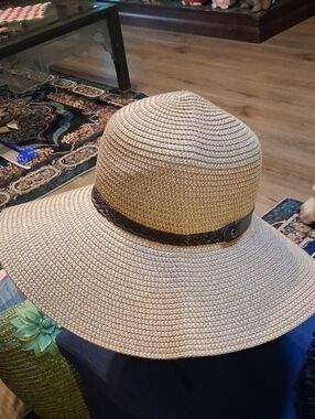 Wide-Brim Straw Sun Hat with Braided Brown Band - Natural